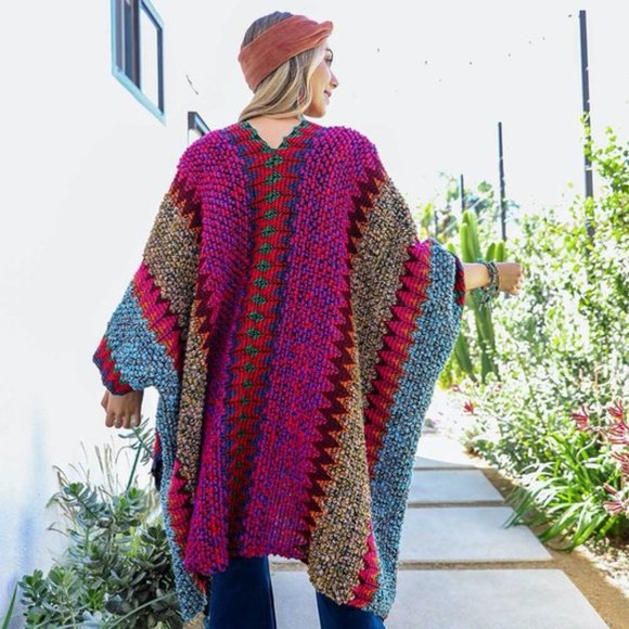 New Bohemian Knit Tasseled Poncho Cardigan Sweater Hippie Top Vintage NWT - Picture 3 of 8